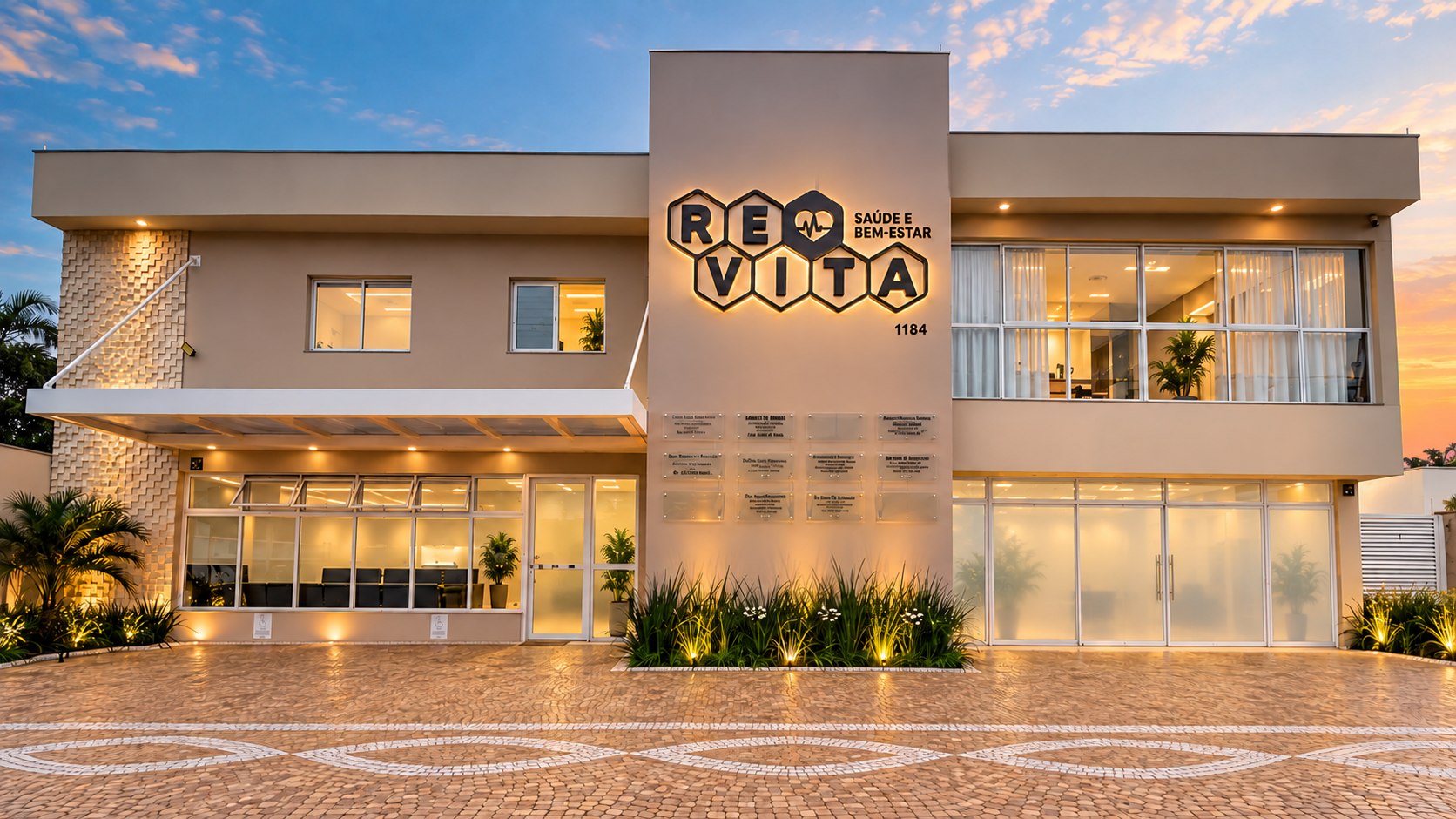 Fachada da Clínica Revita Saúde e Bem-Estar ao entardecer, na Av. Corradi Segundo 1184, em Cerquilho – SP